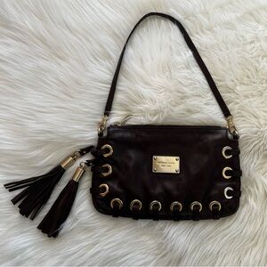 Michael Kors Astor Brown Leather Gold Tone Grommet Shoulder Bag Clutch